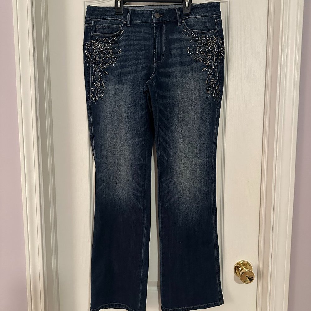 WHBM Womens Bling Embellished Mid Rise Boot Cut Jeans Size 12 CURVY EUC